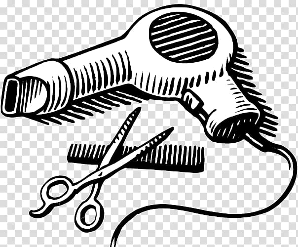 Black-and-white line art of a hairdryer, scissors, and comb-classic hairdressing tools.