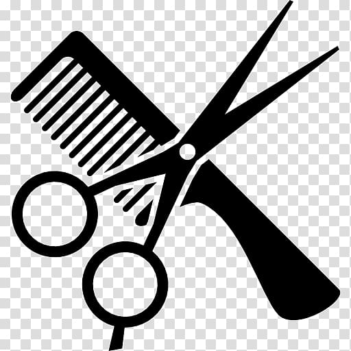Black silhouette of professional hairdressing scissors crossed with a comb on transparent background.