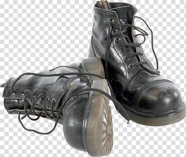 Worn black leather combat boots with laces, scuffed soles, and visible wear-classic punk or workwear style.