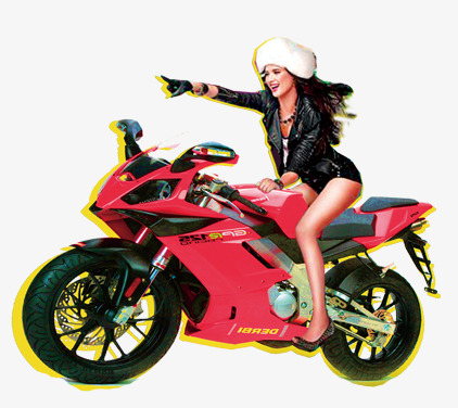 Woman in leather jacket and white hat riding a red sport motorcycle, pointing forward dynamically.