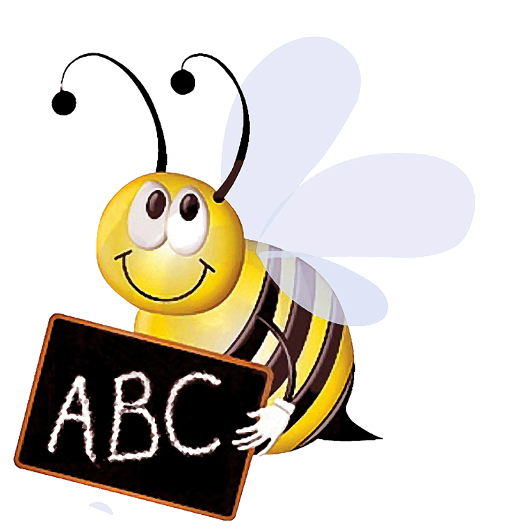 Cheerful cartoon bee holding a chalkboard with "ABC" written on it, ideal for early education themes.