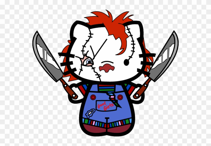 Chucky-inspired Hello Kitty with stitched face, red hair, overalls, and two knives-cute horror crossover art.