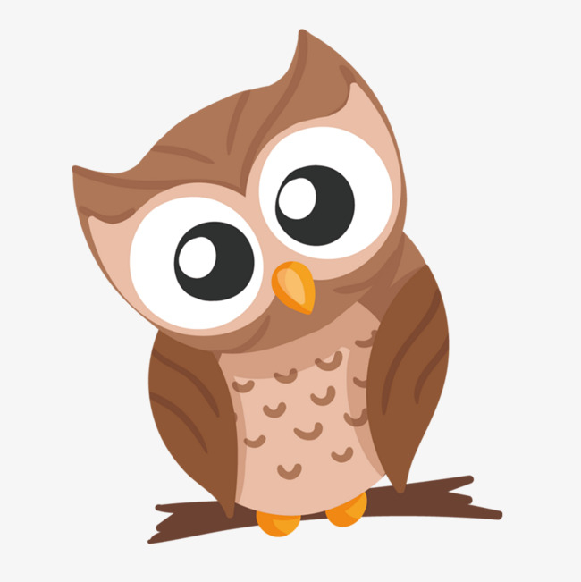 Cute cartoon brown owl with big eyes perched on a branch