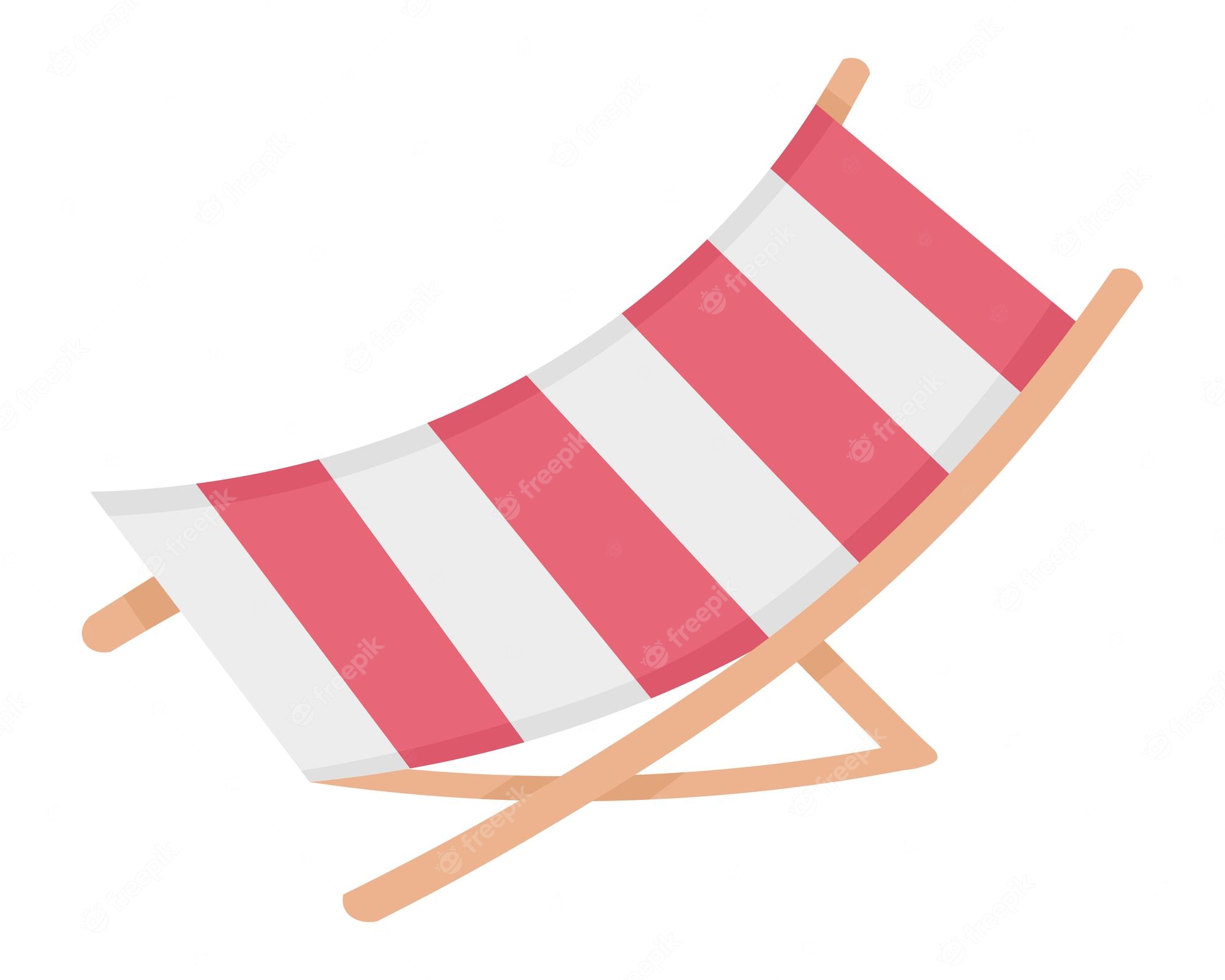 Red and white striped beach chair with wooden frame, illustrated in flat design style.