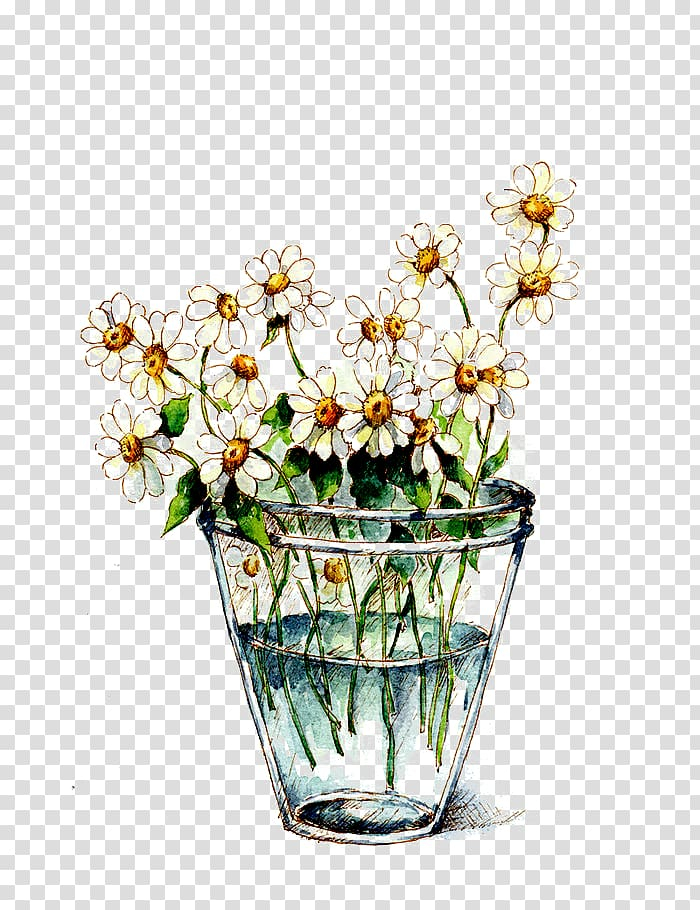 Watercolor illustration of white daisies with yellow centers in a clear glass vase filled with water.