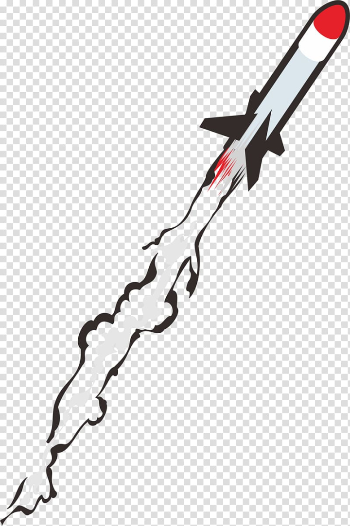 Stylized cartoon rocket launching upward with smoke trail and red nose cone.