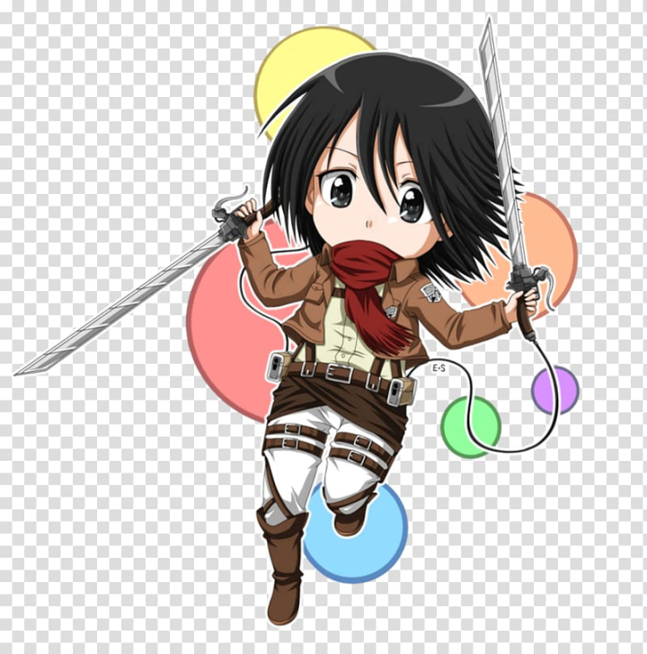 Chibi-style anime girl in Survey Corps uniform wielding dual swords with colorful orbs behind her.