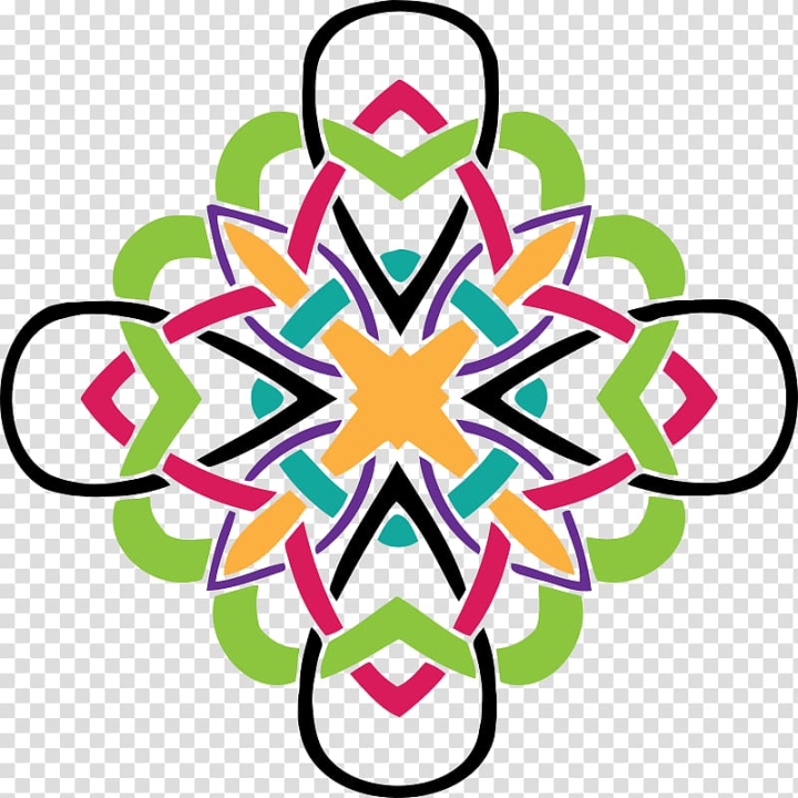 Colorful symmetrical mandala with interwoven Celtic-style knots in green, pink, orange, teal, purple, and black.