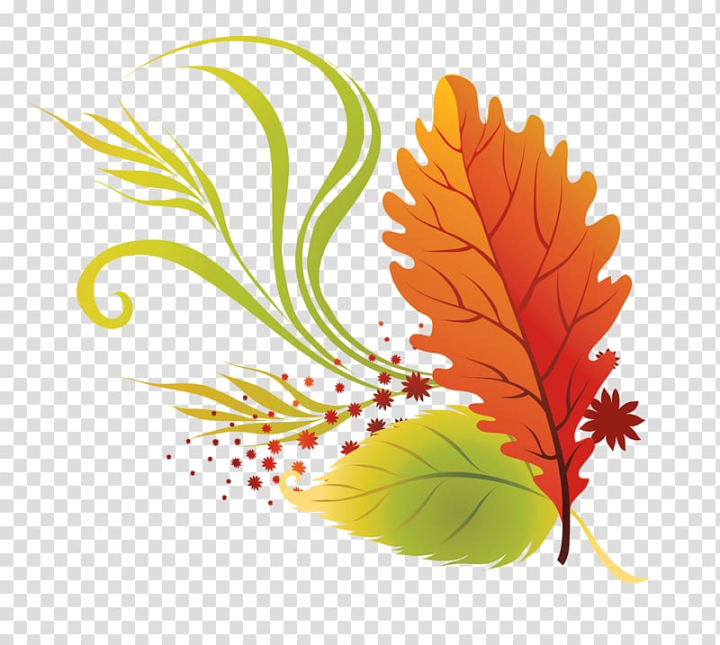 Stylized autumn leaf illustration with orange, red, and green foliage, swirling vines, and small floral accents on transparent background.
