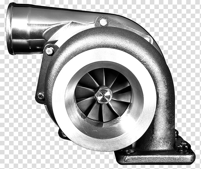 High-performance turbocharger with polished housing and visible turbine wheel, isolated on transparent background.