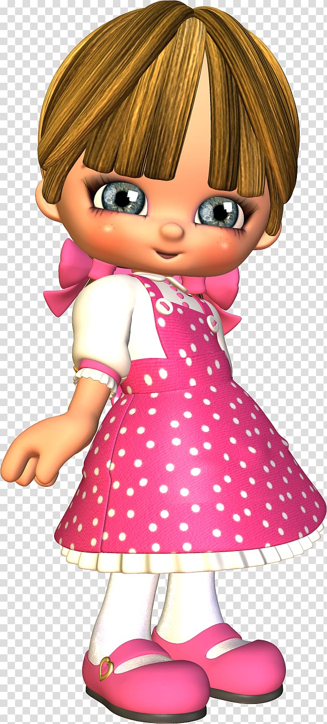 Charming 3D animated girl with blonde hair, blue eyes, wearing a pink polka-dot dress and bow.