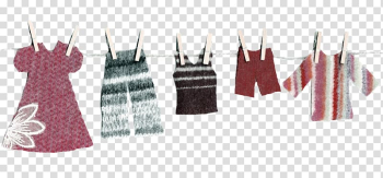 Five colorful handmade garments-dress, tank tops, shorts, and shirt-hanging on a clothesline with wooden pegs.