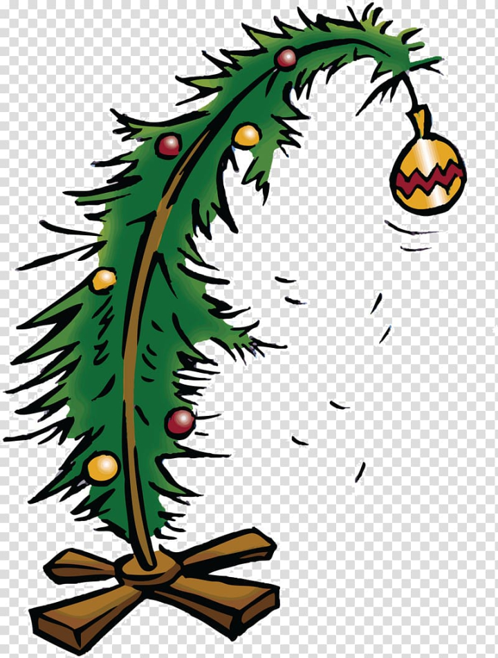 A whimsical, cartoon-style bent Christmas tree with ornaments and a dangling bauble on a stand.