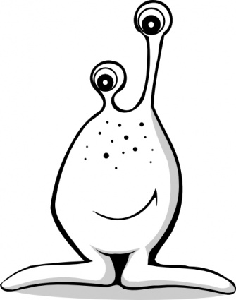 Friendly cartoon alien with two stalk eyes, smiling face, and dotted body on white background.