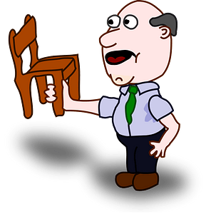 Cartoon man holding a wooden chair while standing on a dark puddle, looking surprised.