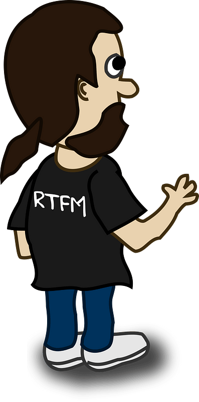 Cartoon man with long brown hair, beard, wearing black "RTFM" t-shirt, blue jeans, and white sneakers, gesturing while speaking.