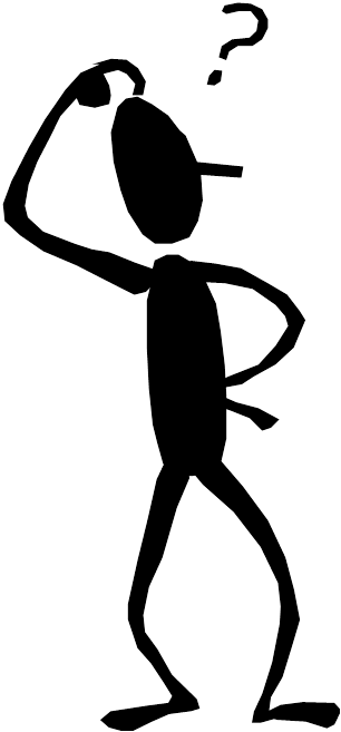 Black stick figure scratching head with question mark above, symbolizing confusion or inquiry.