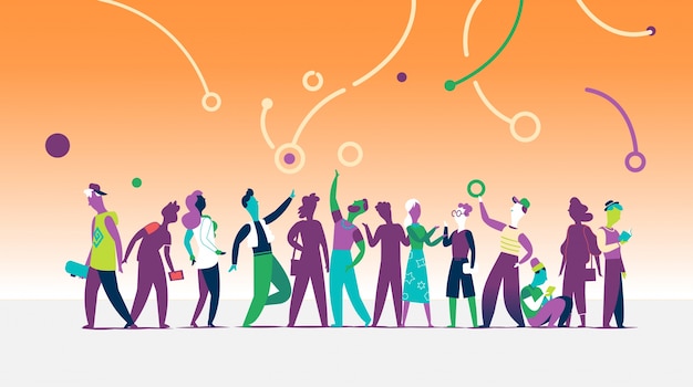 Diverse group of stylized people celebrating together under colorful abstract shapes on an orange gradient background.
