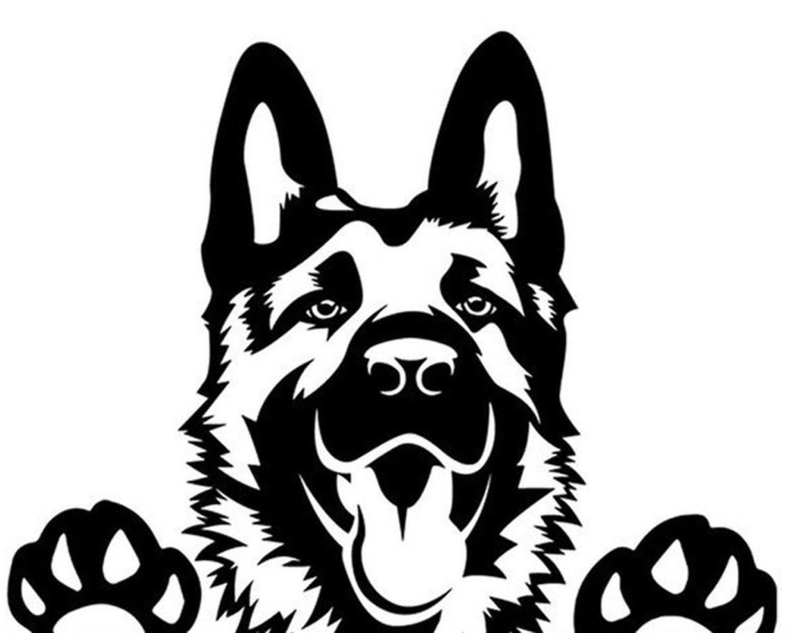 Black and white stylized German Shepherd with alert ears, open mouth, and front paws raised.