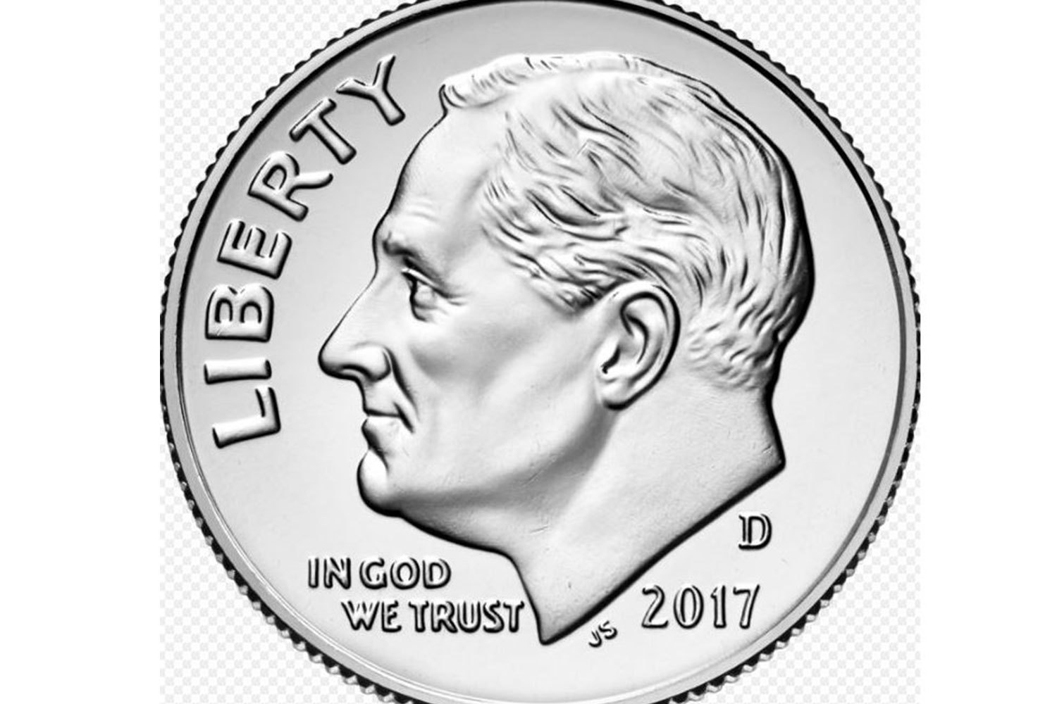 2017 U.S. dime featuring Franklin D. Roosevelt’s profile, “Liberty,” “In God We Trust,” and “D” mint mark.