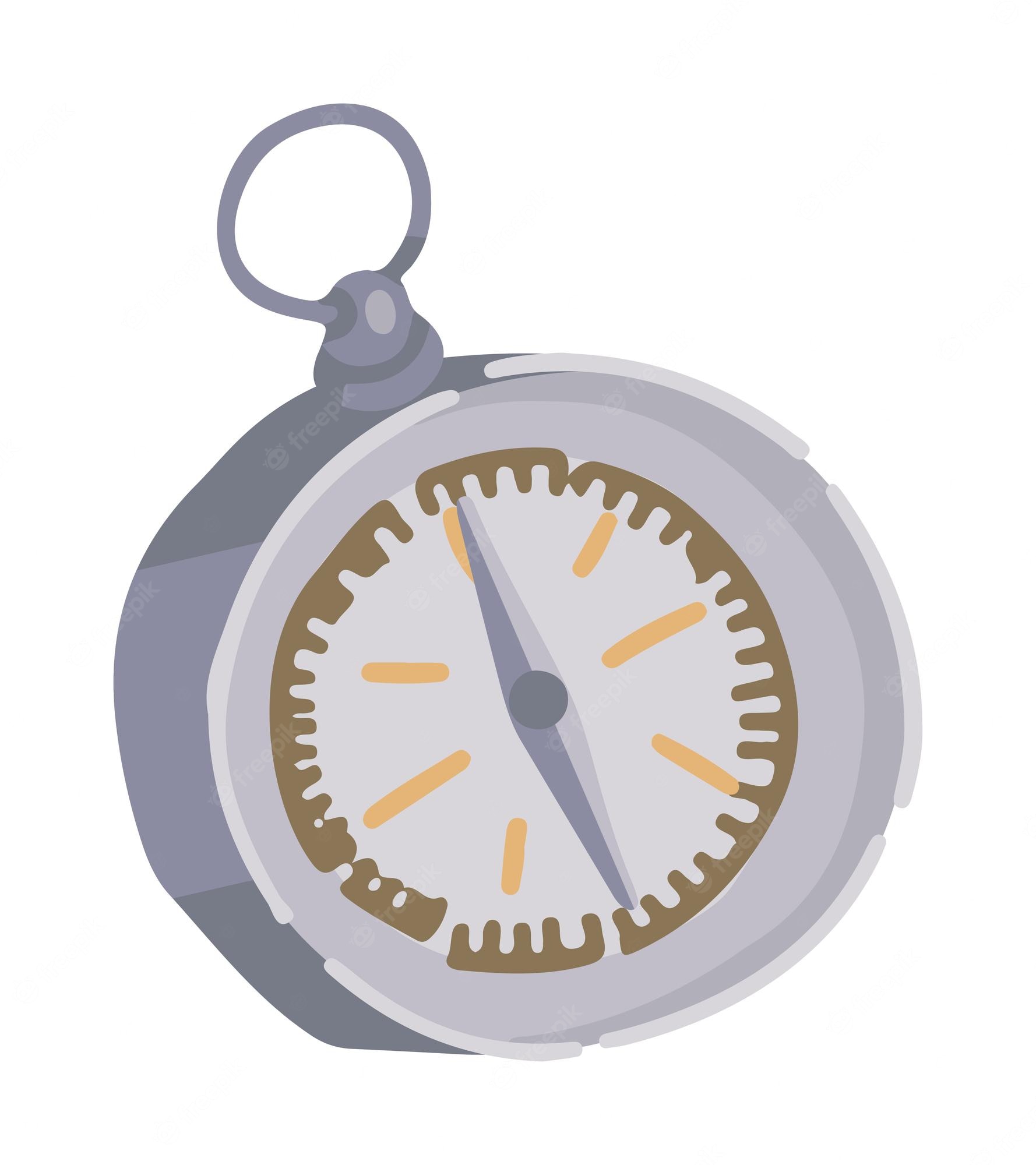 Illustration of a classic silver compass with orange markings and a looped top for carrying.