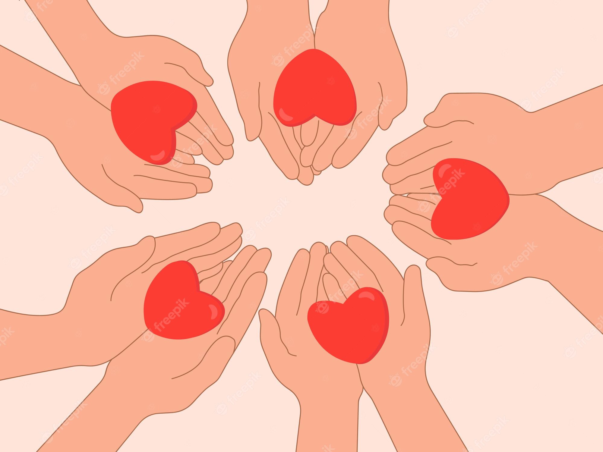 Six hands in a circle, each holding a red heart, symbolizing unity, love, and collective care.