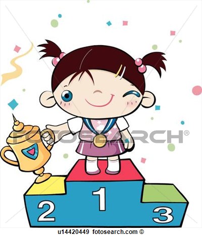 Smiling cartoon girl with pigtails stands on first-place podium holding trophy and medal, confetti falling around.
