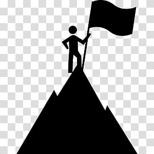 Silhouette of a person standing atop a mountain peak holding a flag, symbolizing achievement and success.