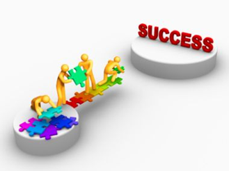 Three stylized figures assembling colorful puzzle pieces on a path leading to a platform labeled "SUCCESS".