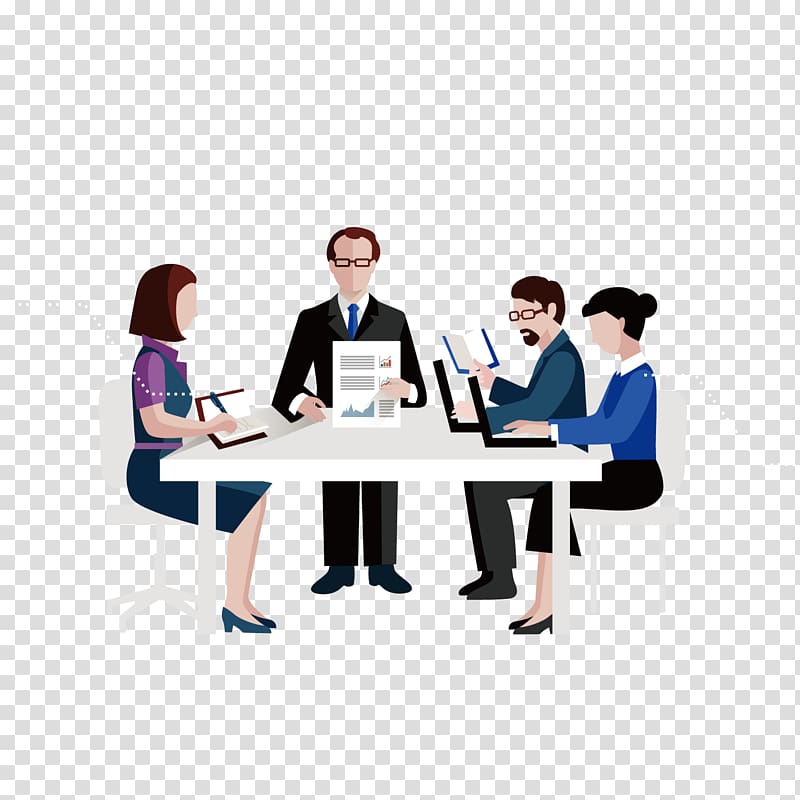 Four business professionals collaborating at a meeting table with documents and laptops.