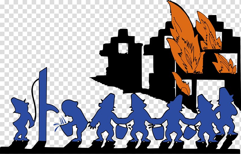 Blue silhouetted figures carrying buckets toward a burning building, with one using a pump to draw water.