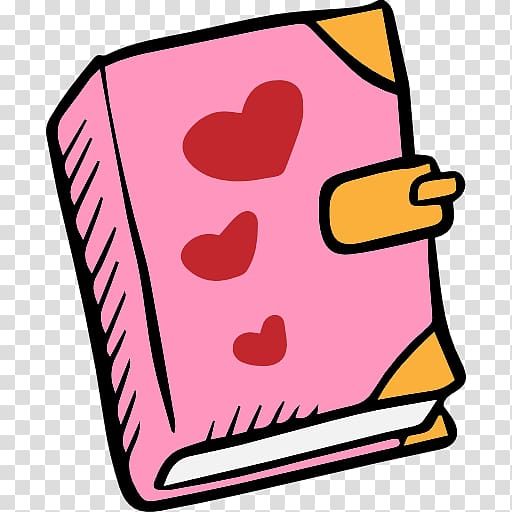 Pink heart-decorated journal with yellow corner tabs and clasp, cartoon-style illustration.