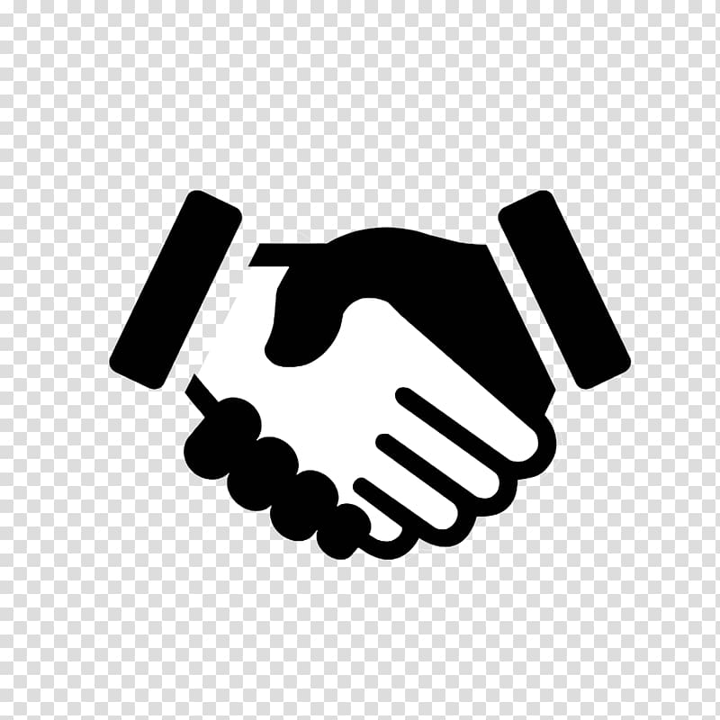 Black and white icon of two hands shaking, symbolizing agreement, partnership, or greeting.