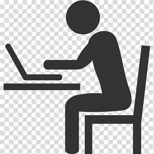 Person sitting at a desk using a laptop computer, silhouette icon on transparent background.