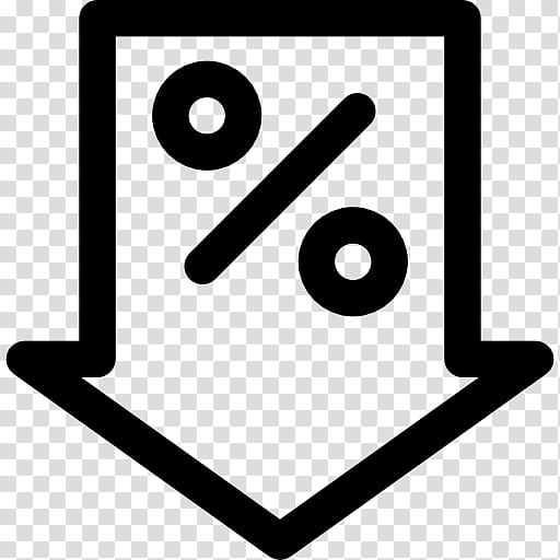 Black outline icon of a downward arrow containing a percentage symbol, indicating a price discount or sale.