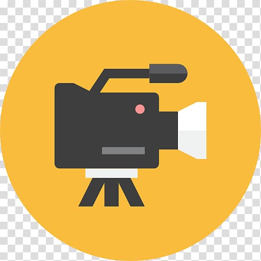 Flat-style video camera icon on yellow background, mounted on tripod with lens and viewfinder.