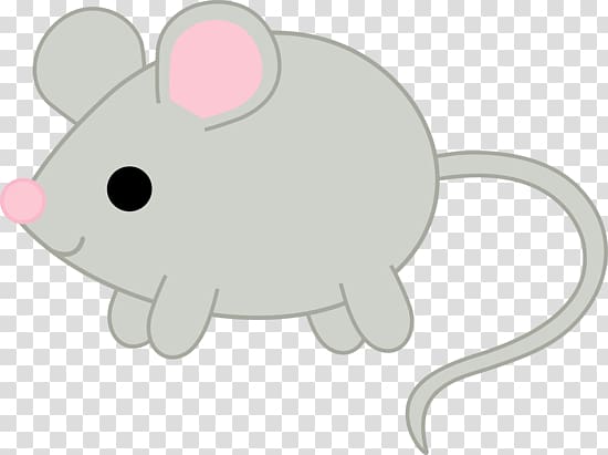 Cute cartoon gray mouse with pink ears and nose, black eye, and long tail on transparent background.
