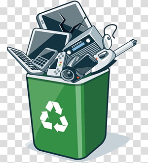Green recycling bin overflowing with old electronics like laptops, phones, and stereos, illustrating e-waste disposal.