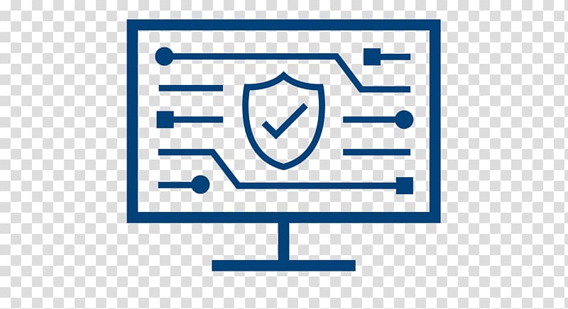Blue line-art icon of a computer monitor displaying a shield with checkmark and circuit lines, symbolizing cybersecurity.