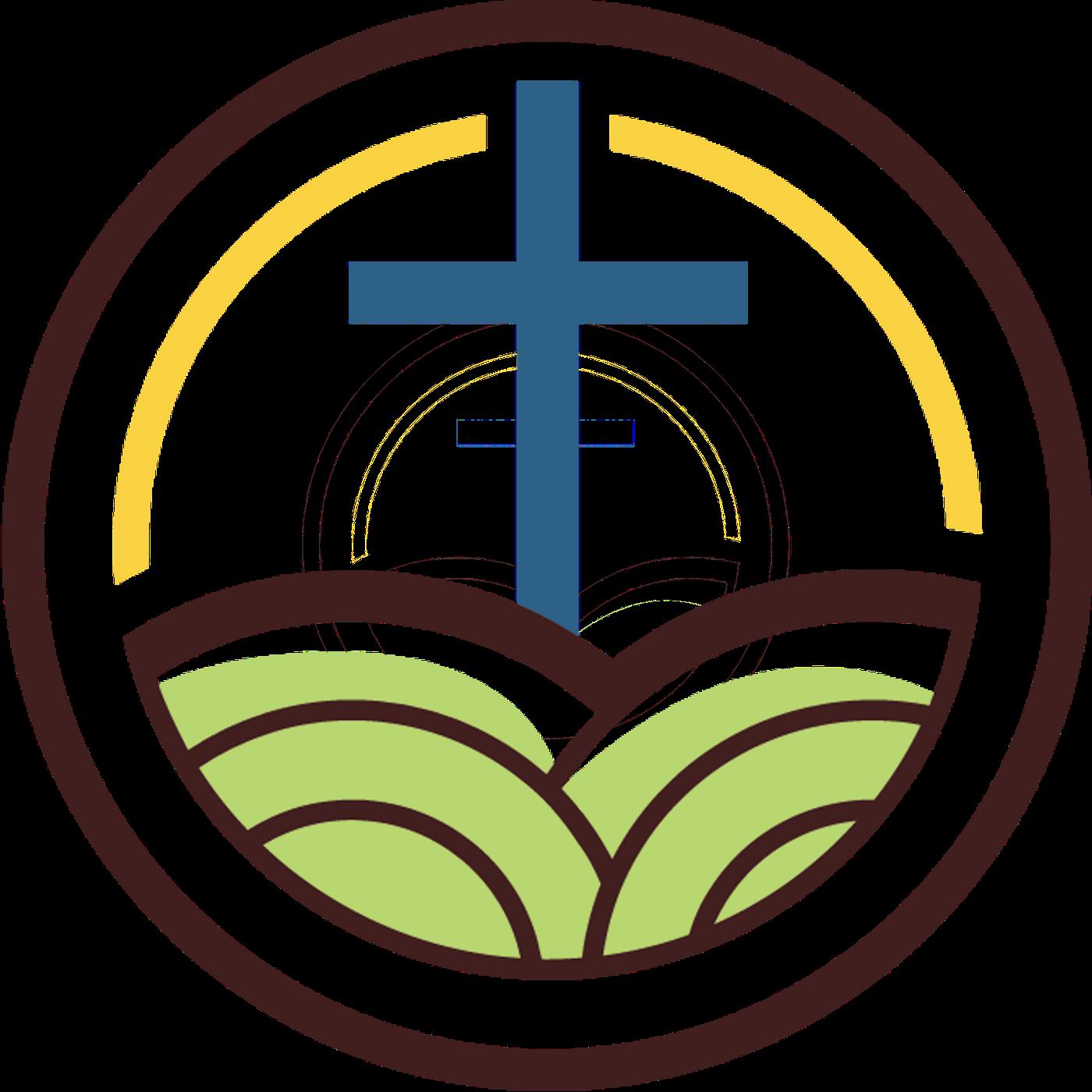 Blue cross rising from green leaves under a golden arch, symbolizing faith and growth in a circular emblem.