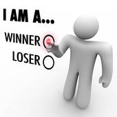 3D figure selecting "Winner" over "Loser" in a self-identification choice.