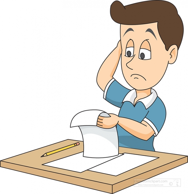 A frustrated student scratching his head while reviewing papers at a desk with a pencil.