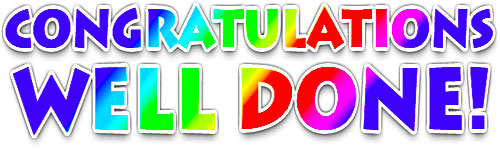 Rainbow-colored bold text reading "CONGRATULATIONS WELL DONE!" with white outline and drop shadow.