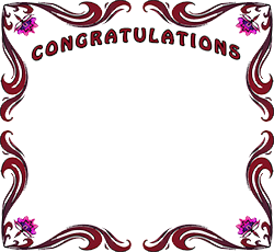 Decorative "Congratulations" border with maroon swirls and purple flowers on white background.