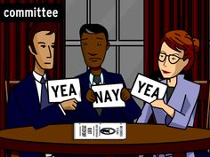 Three committee members holding "YEA" and "NAY" signs during a vote, cartoon style.