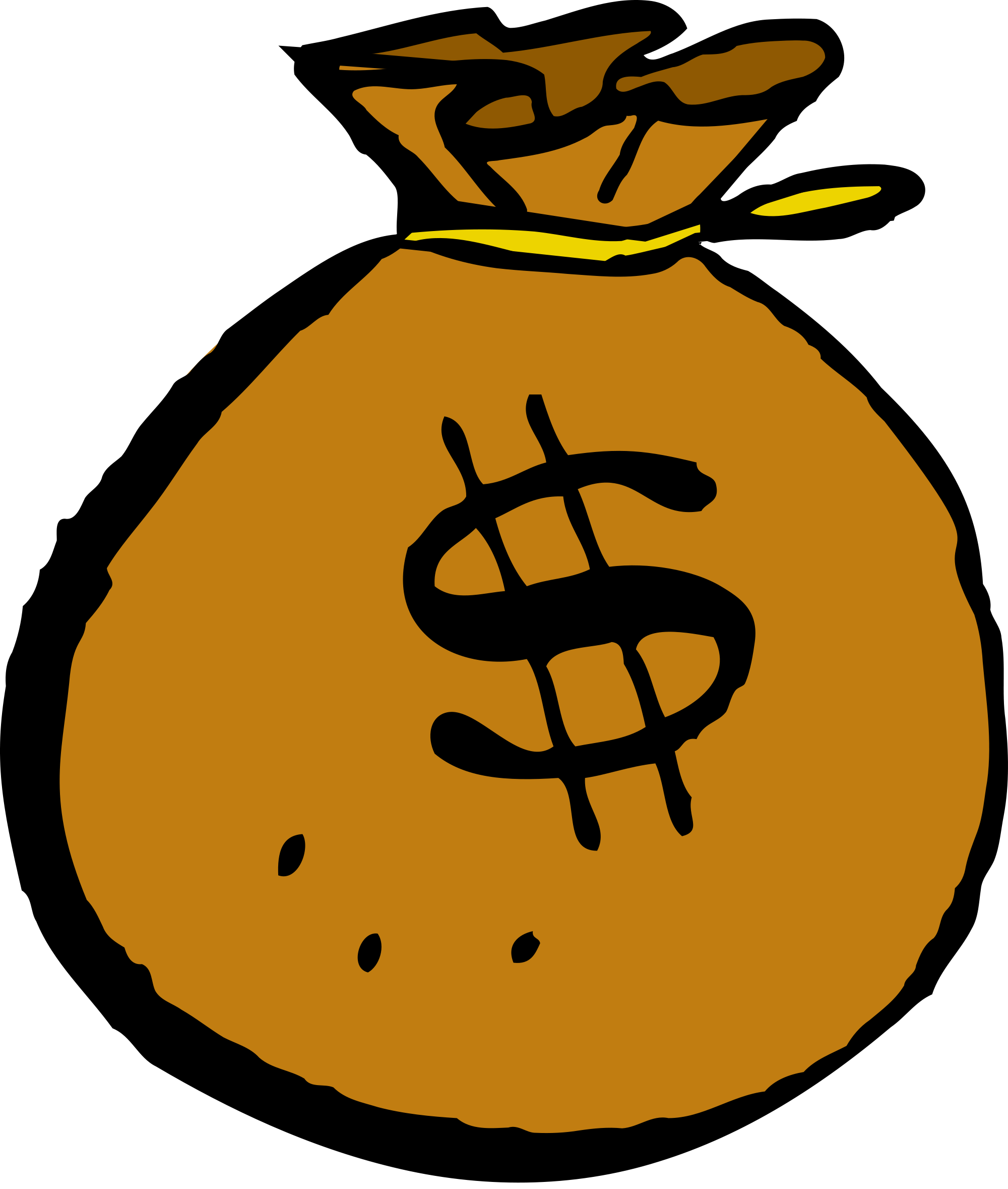 Brown money bag with black dollar sign and yellow tie, symbolizing wealth or finance.