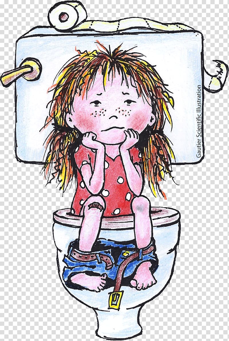 A sad, freckled girl with messy hair sits inside a toilet bowl, resting her chin on her hands, with a toilet paper roll on the tank.