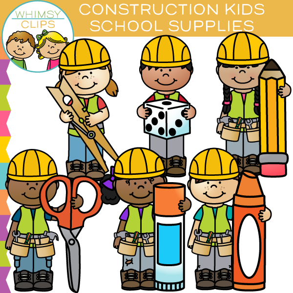Cartoon kids in construction hats holding school supplies like scissors, glue, crayons, and a die.
