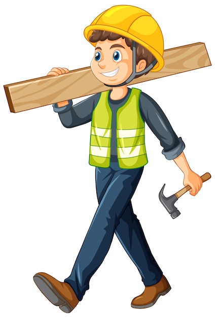 Smiling construction worker in yellow hard hat and safety vest carrying wood plank and hammer.