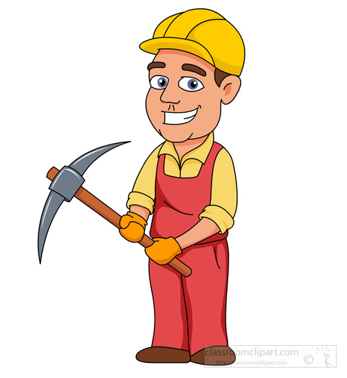 Smiling cartoon miner in yellow hard hat and red overalls holding a pickaxe.